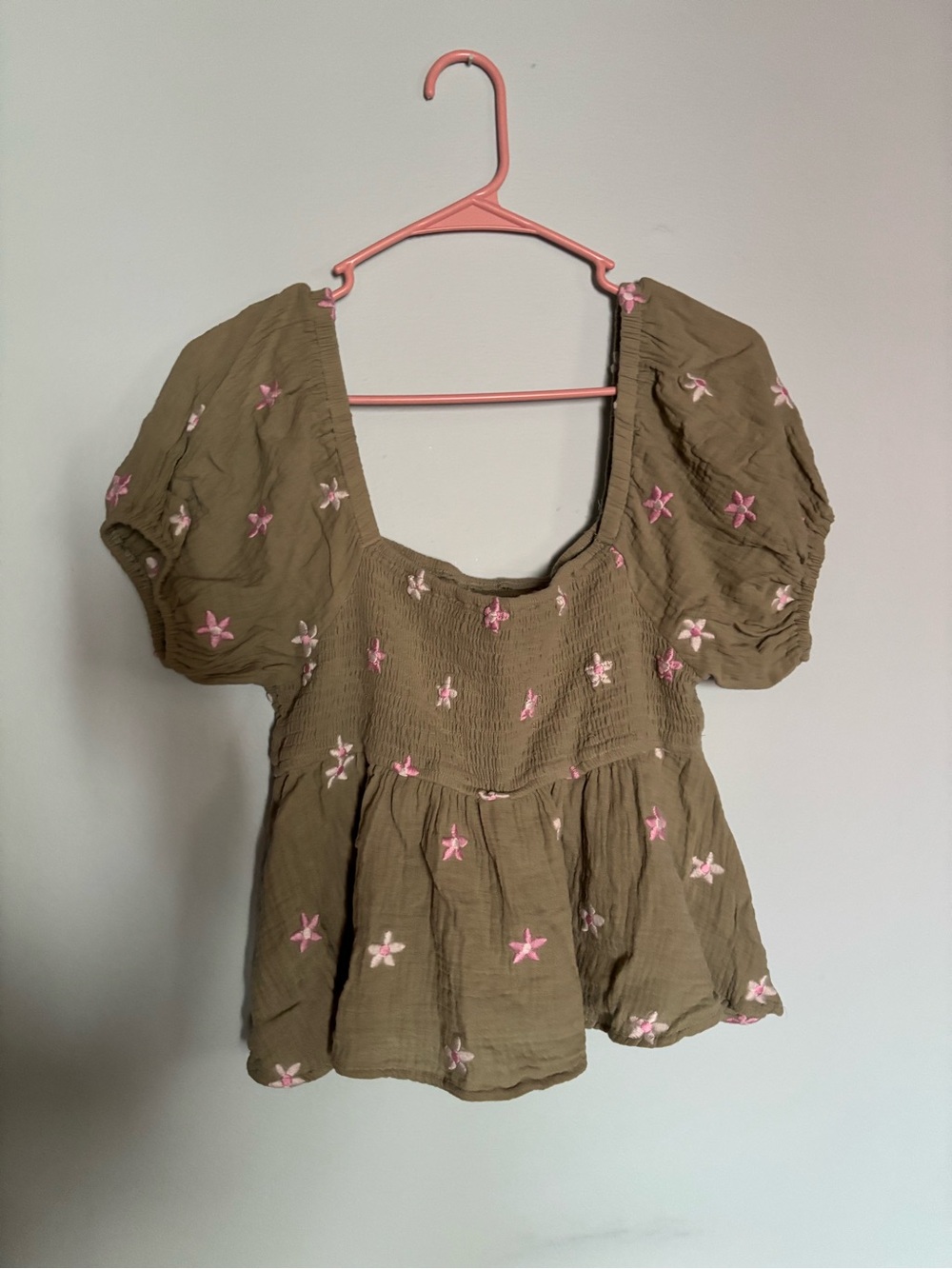 Altar'd State Olive Peplum Top with Pink Floral Embroidery - Picture 2 of 5